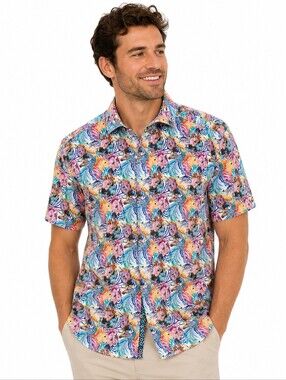 Jermyn & Bond Colorful Zebra Print Button Front Shirt Men's Medium Modern Fit